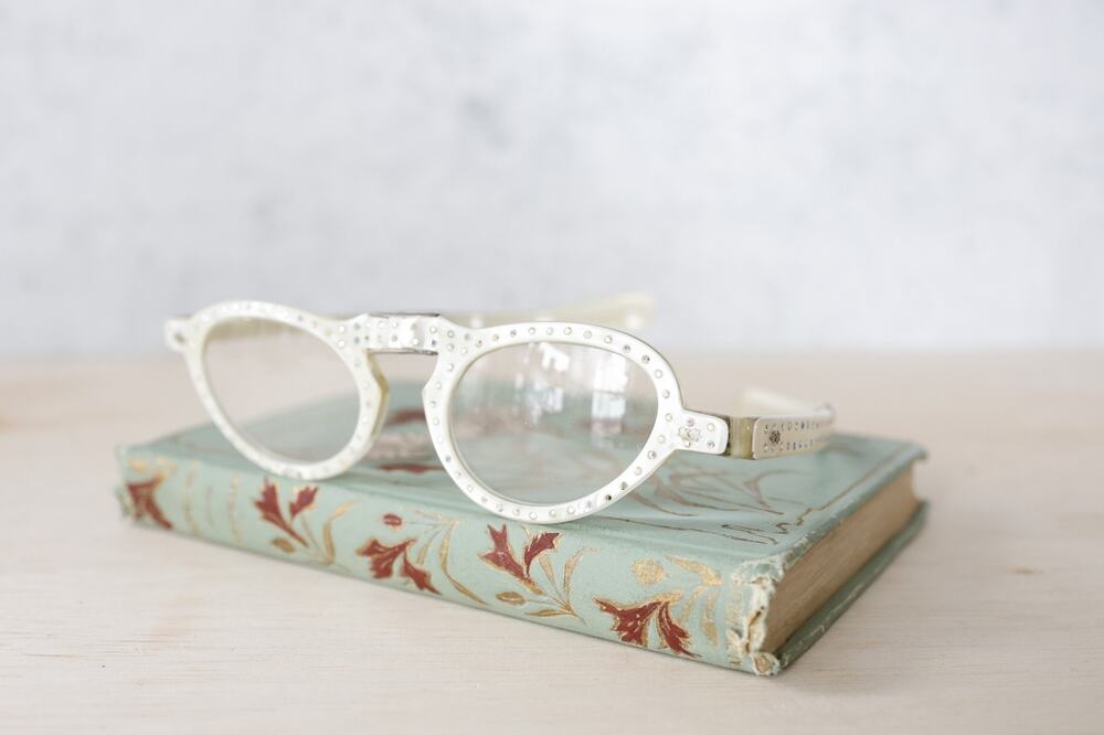 VTG Folding Cat Eye Eyeglasses Rhinestones Mother of Pearl France PARTS REPAIR